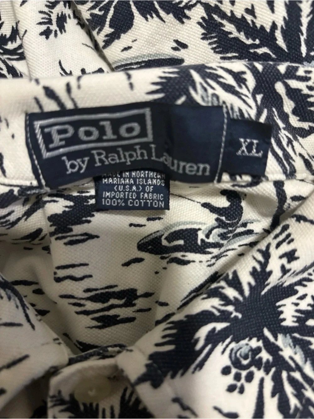 Vintage Polo Ralph Lauren Men Hawaiian Camp Shirt XL Navy Blue Cotton Resortwear